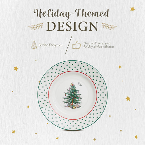 Spode Christmas Tree tidbit plates in porcelain durability for long-term holiday use.