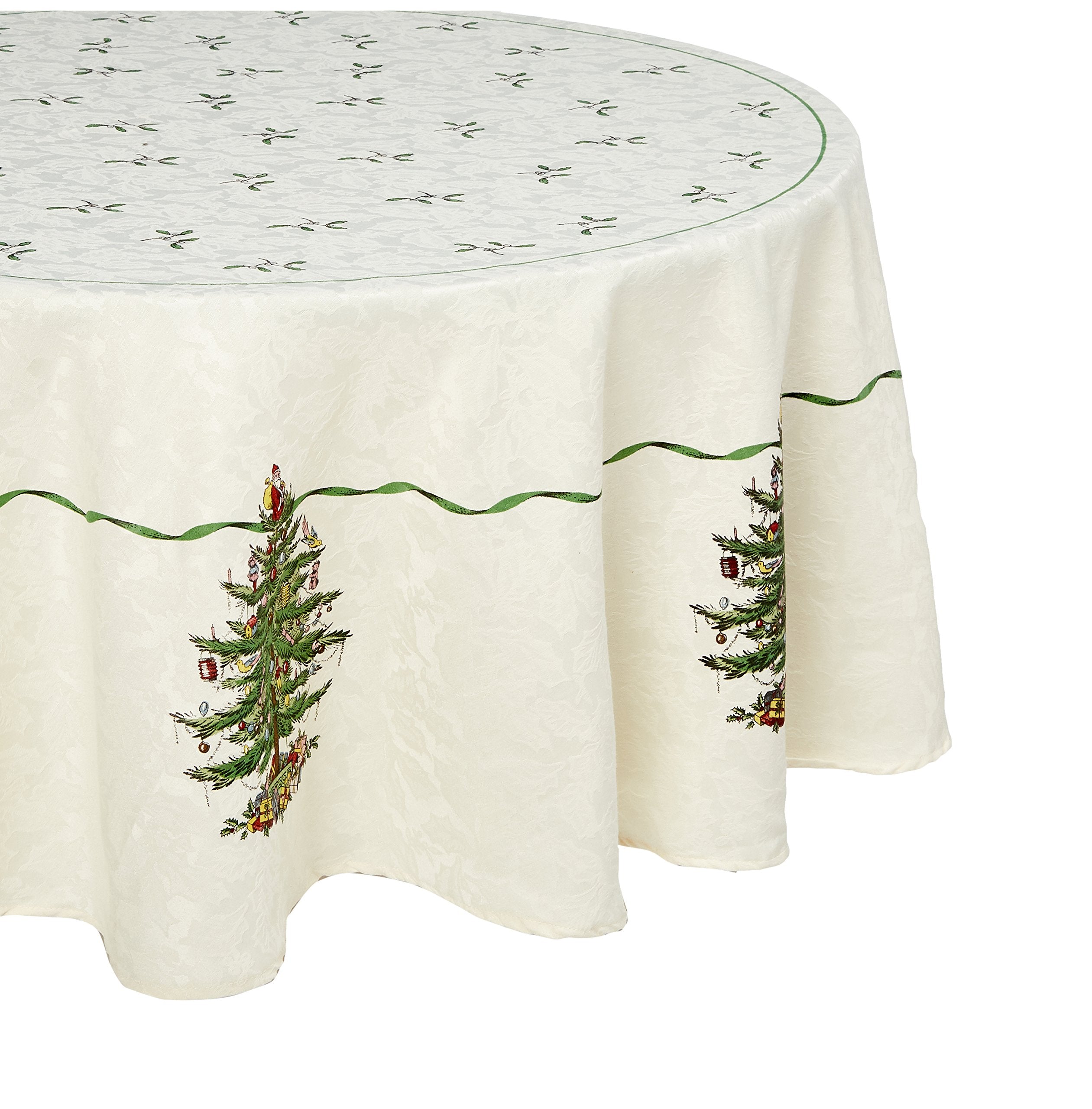 Spode Christmas Tree border tablecloth enhances holiday dining with festive charm