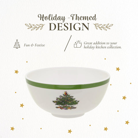 Spode Christmas Tree bowls on a festive dining table for soups and desserts.