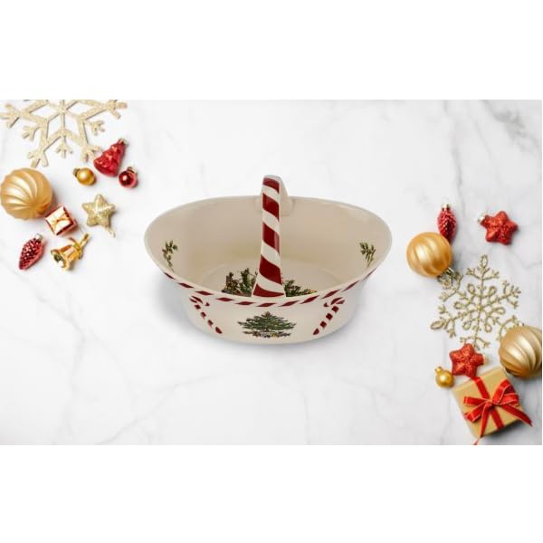 Spode Christmas Tree Candy Basket 6-5-inch displays colorful holiday treats beautifully.