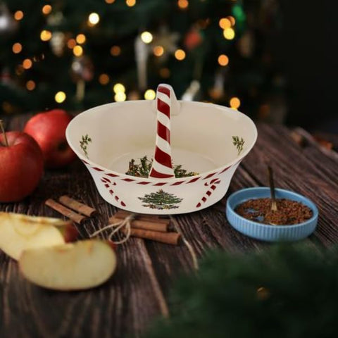 Spode Christmas Tree Candy Basket in earthenware adds durable holiday charm.