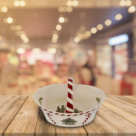 Spode Christmas Tree Candy Basket holds small treats and candies at gatherings.