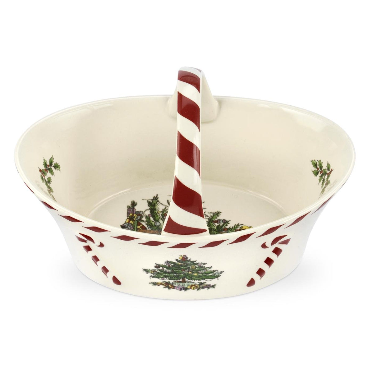 Spode Christmas Tree Candy Basket with peppermint handle for festive serving.