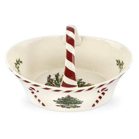 Spode Christmas Tree Candy Basket with peppermint handle for festive serving.