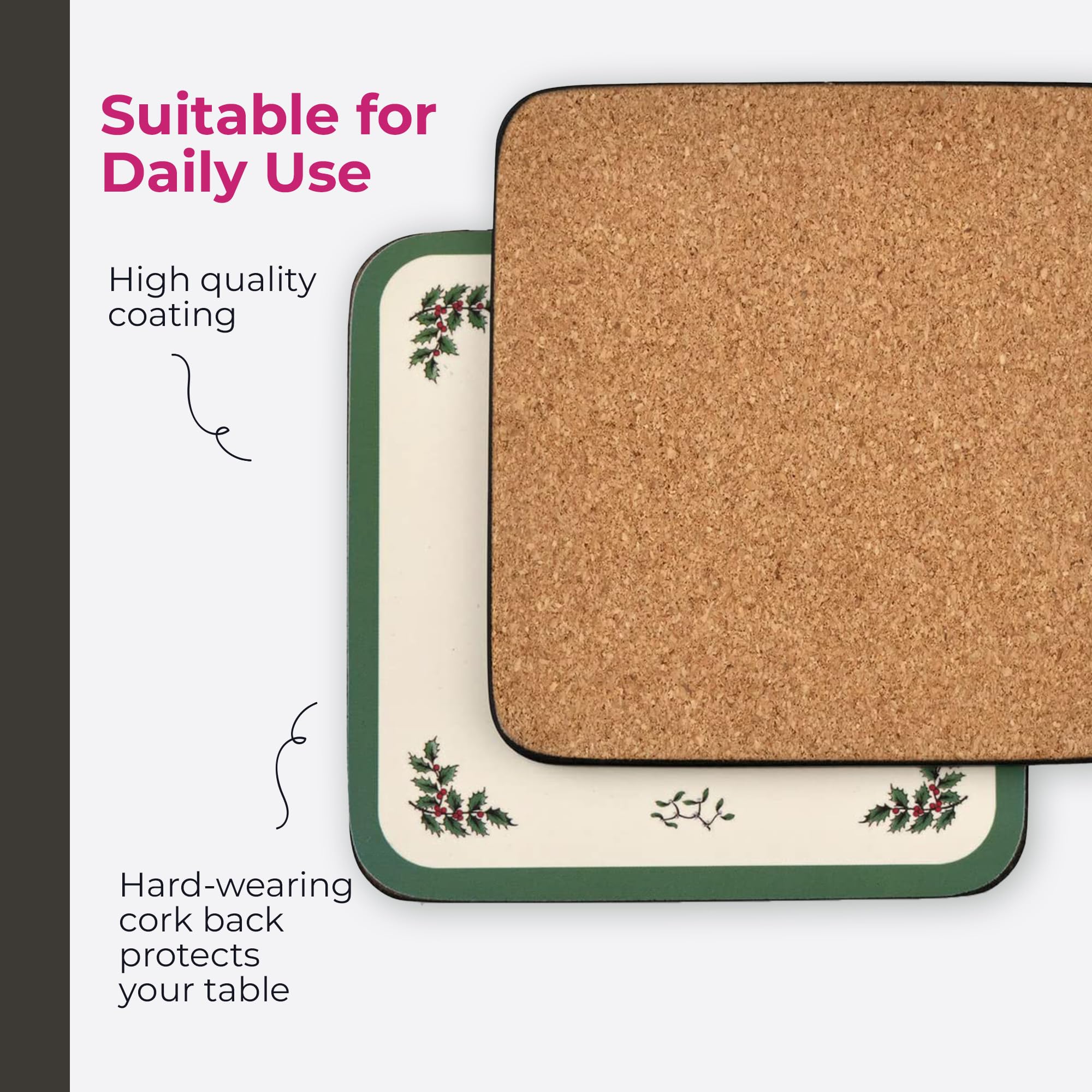 Spode Christmas Tree coaster cork back for stable, non-slip placement.