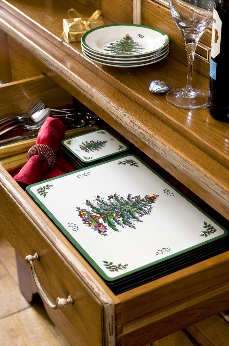 Spode Christmas Tree coaster cork backing guards furniture from heat.