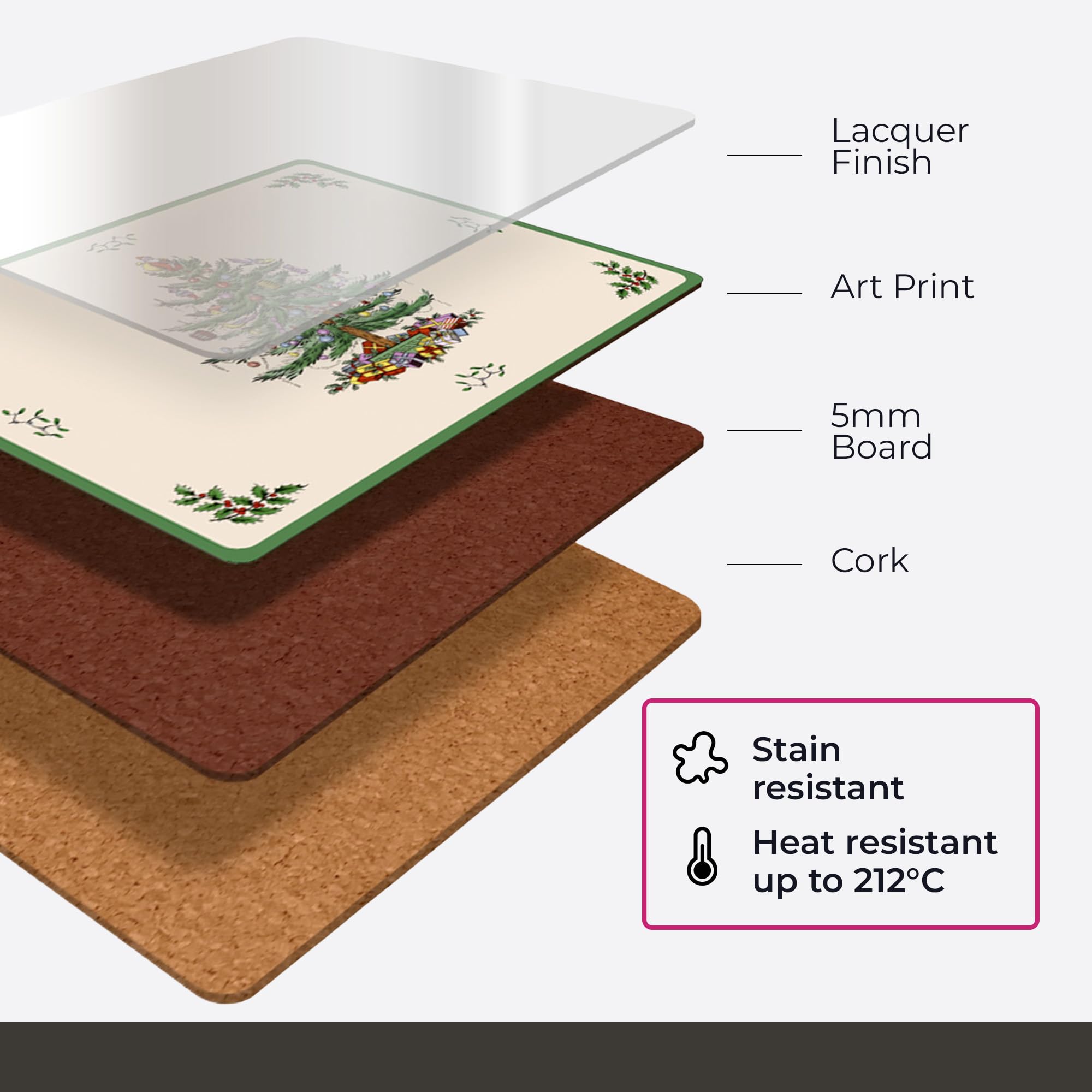 Spode Christmas Tree coaster shown in a festive table setup.