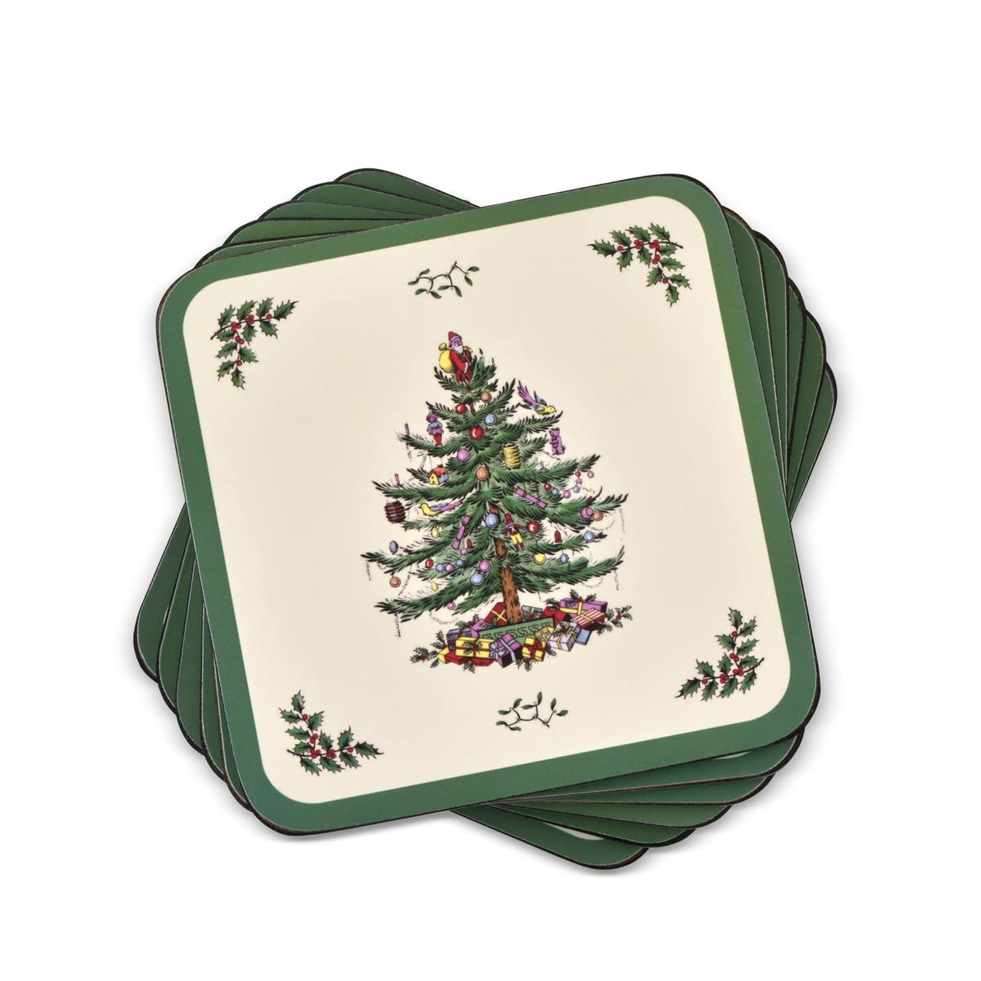Spode Christmas Tree coaster front view protects surfaces with festive design.