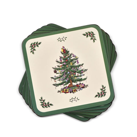 Spode Christmas Tree coaster front view protects surfaces with festive design.
