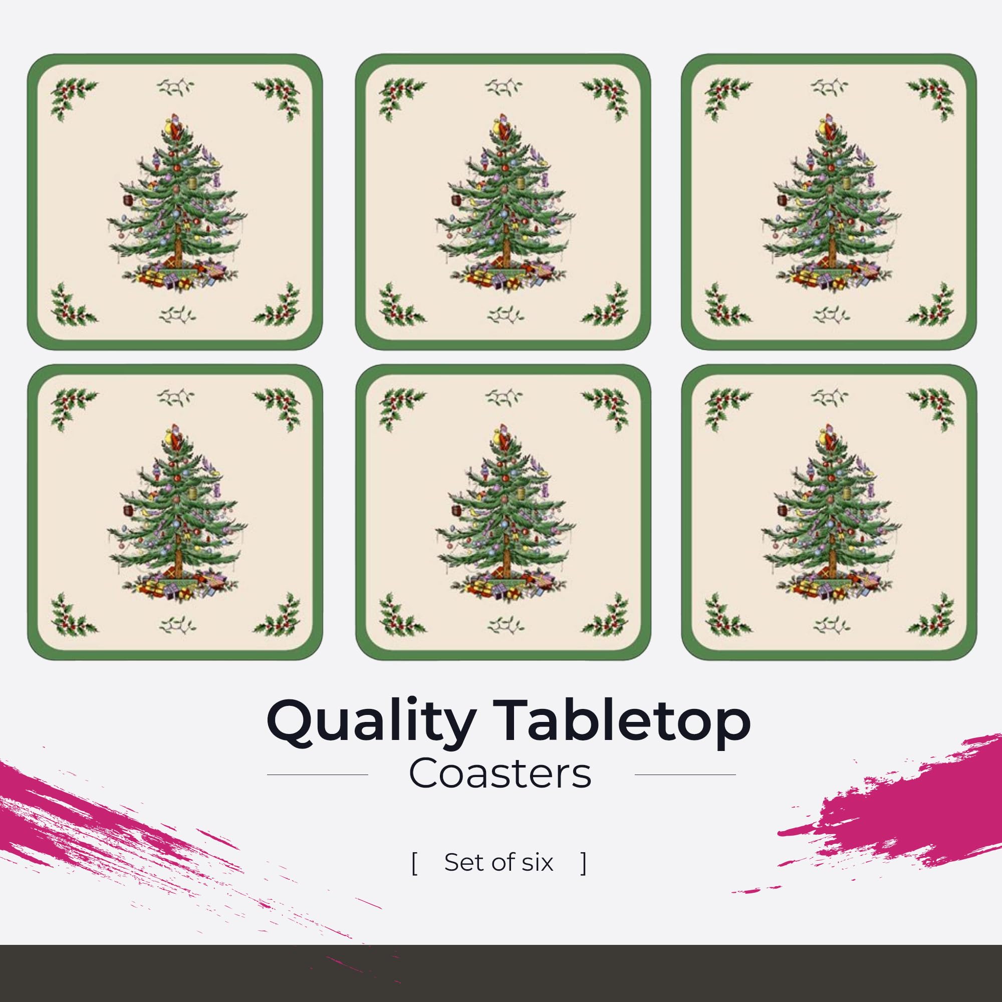 Spode Christmas Tree coaster demonstrates heat resistance up to 212°F.
