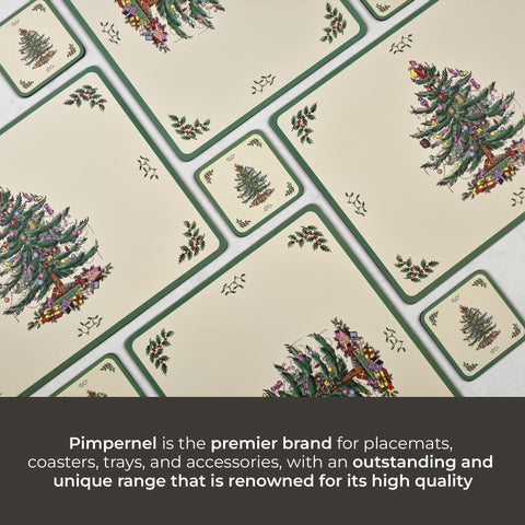 Spode Christmas Tree coaster with placemats creates a coordinated holiday table.