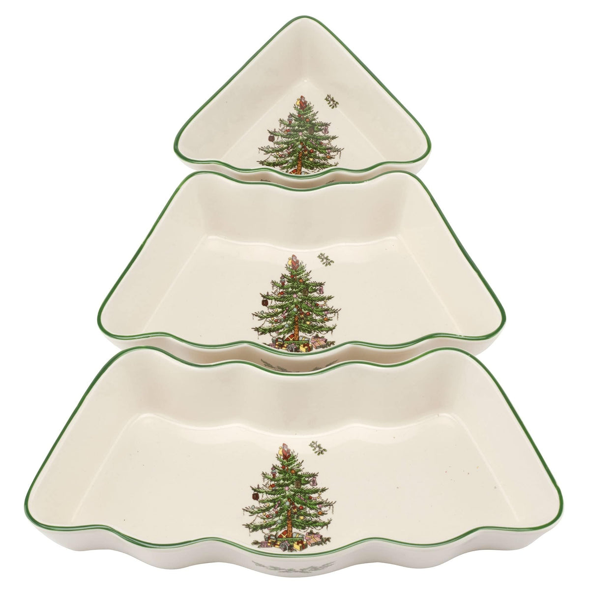 Spode Christmas Tree dip bowl set showcased on a festive table for dips.
