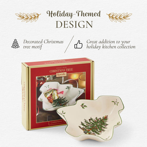 Spode Christmas Tree dish shown in gift box for gifting.