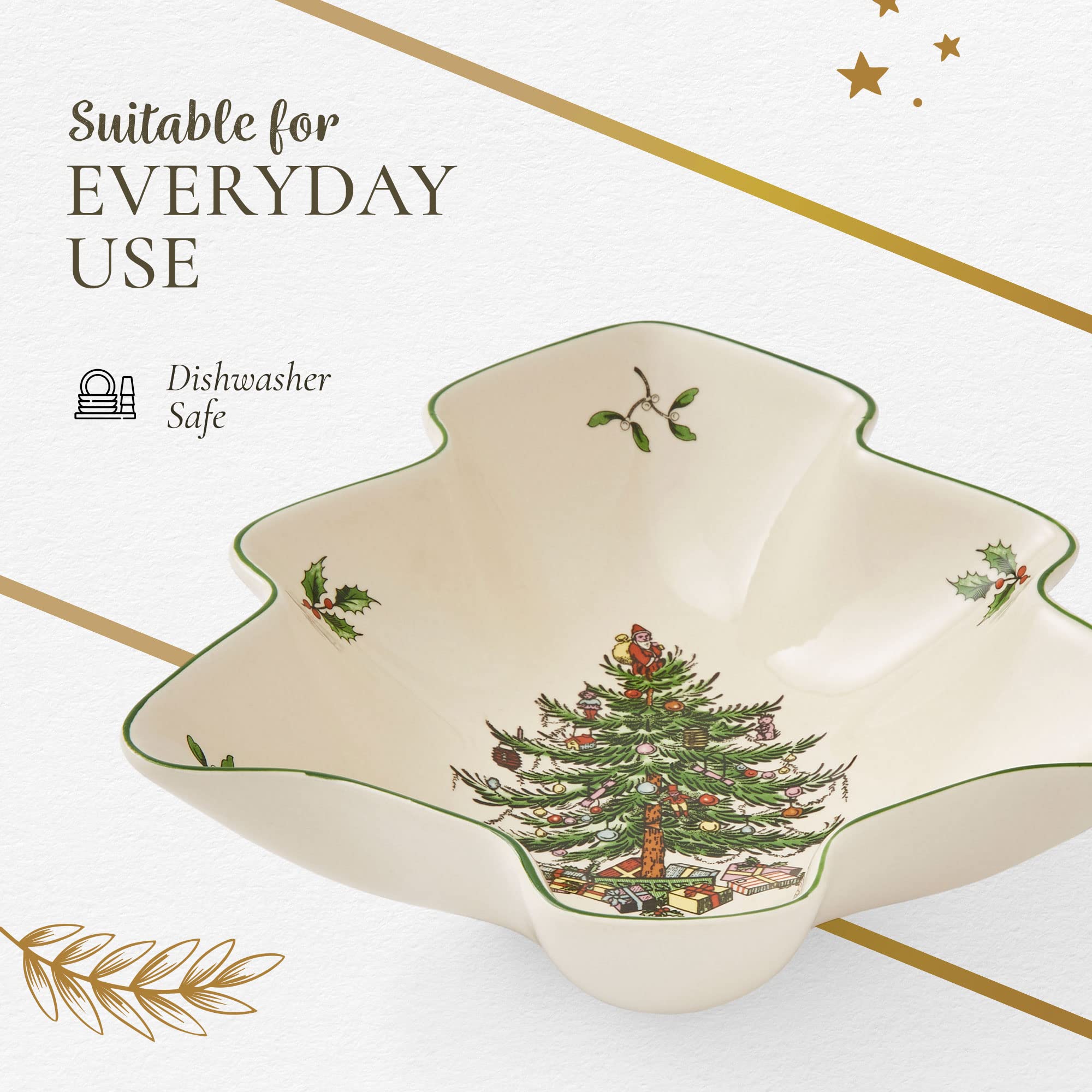 Spode Christmas Tree dish on a dining table, ready for entertaining.