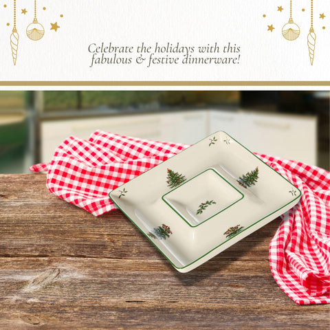 Spode Christmas Tree holiday entertaining plate for indoor and outdoor use.