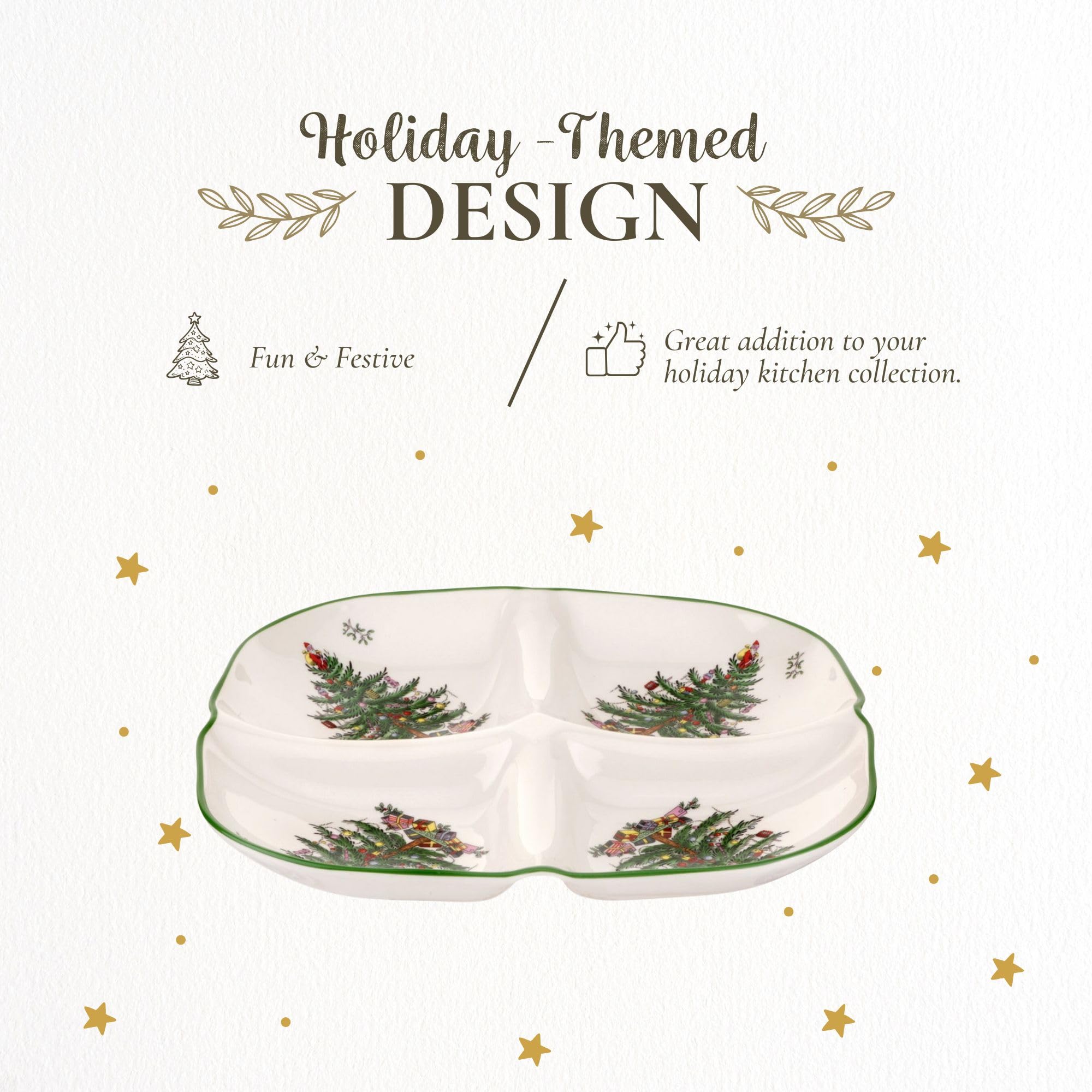 Spode Christmas Tree earthenware tray is dishwasher and microwave safe for busy holidays.