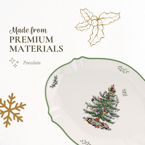 Spode Christmas Tree platter set on an inviting holiday table