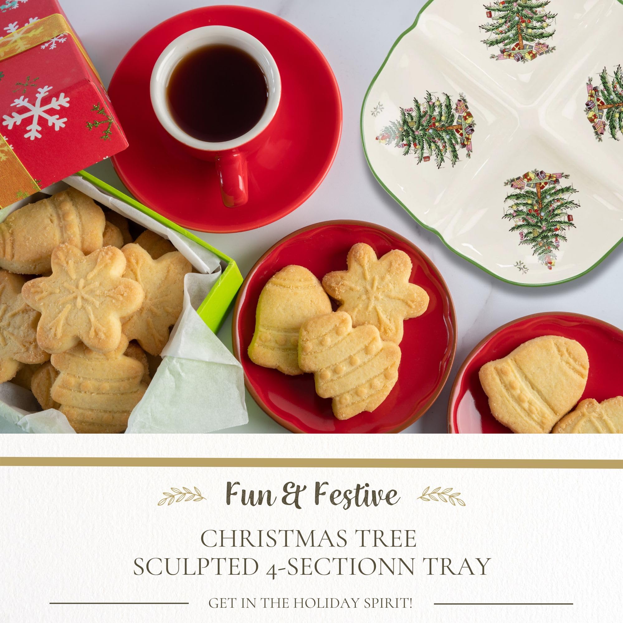 Spode Christmas Tree four compartments tray designed for appetizers at holiday gatherings.