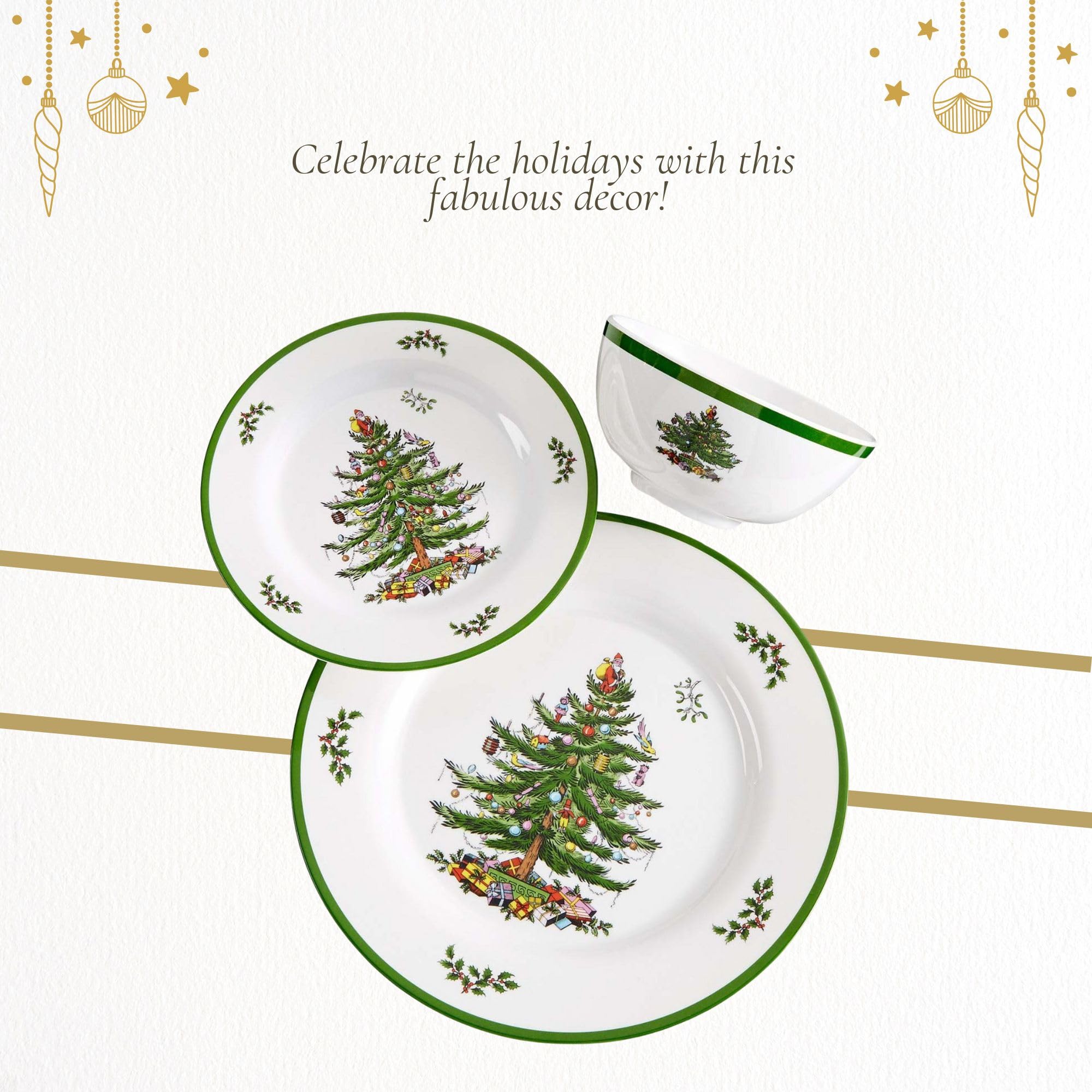 Spode Christmas Tree green rim detail adds classic holiday charm.