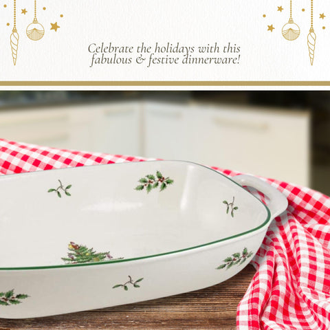 Spode Christmas Tree holiday serveware enhances rolls and cookies presentation.