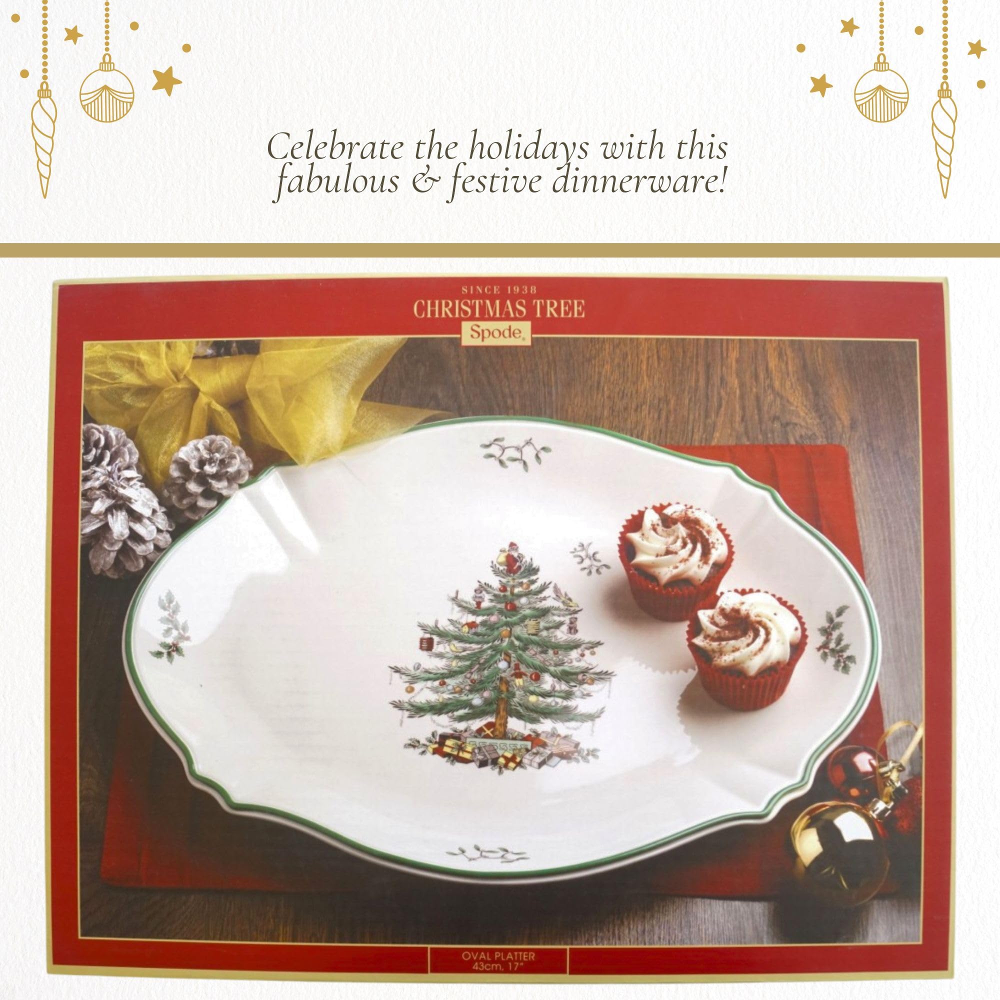 Spode platter displayed as holiday decor on a mantel