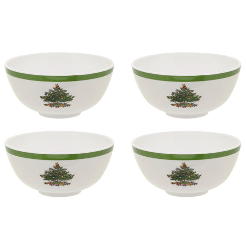 Spode Christmas Tree melamine bowls 6-inch set of 4, durable for indoor and outdoor meals.