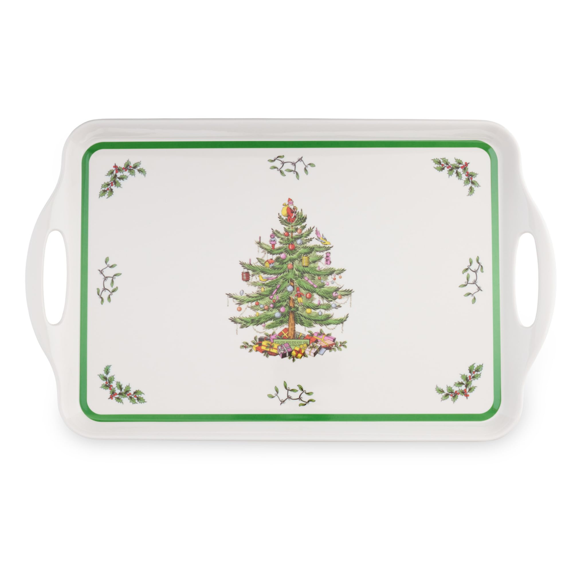 Spode Christmas Tree melamine tray front view for festive serving and size