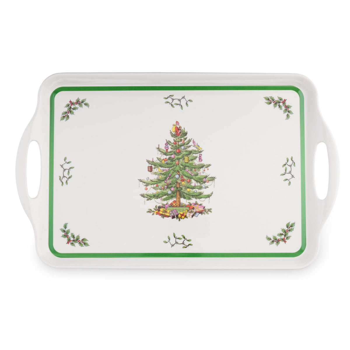 Spode Christmas Tree melamine tray front view for festive serving and size