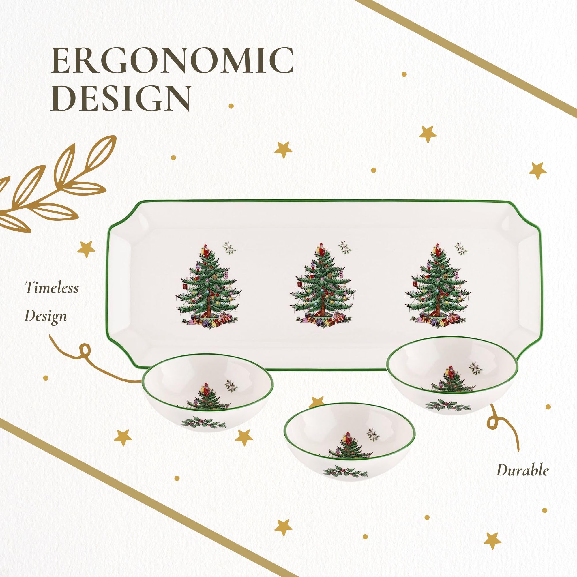 Spode Christmas Tree motif bowls and tray on a festive table.