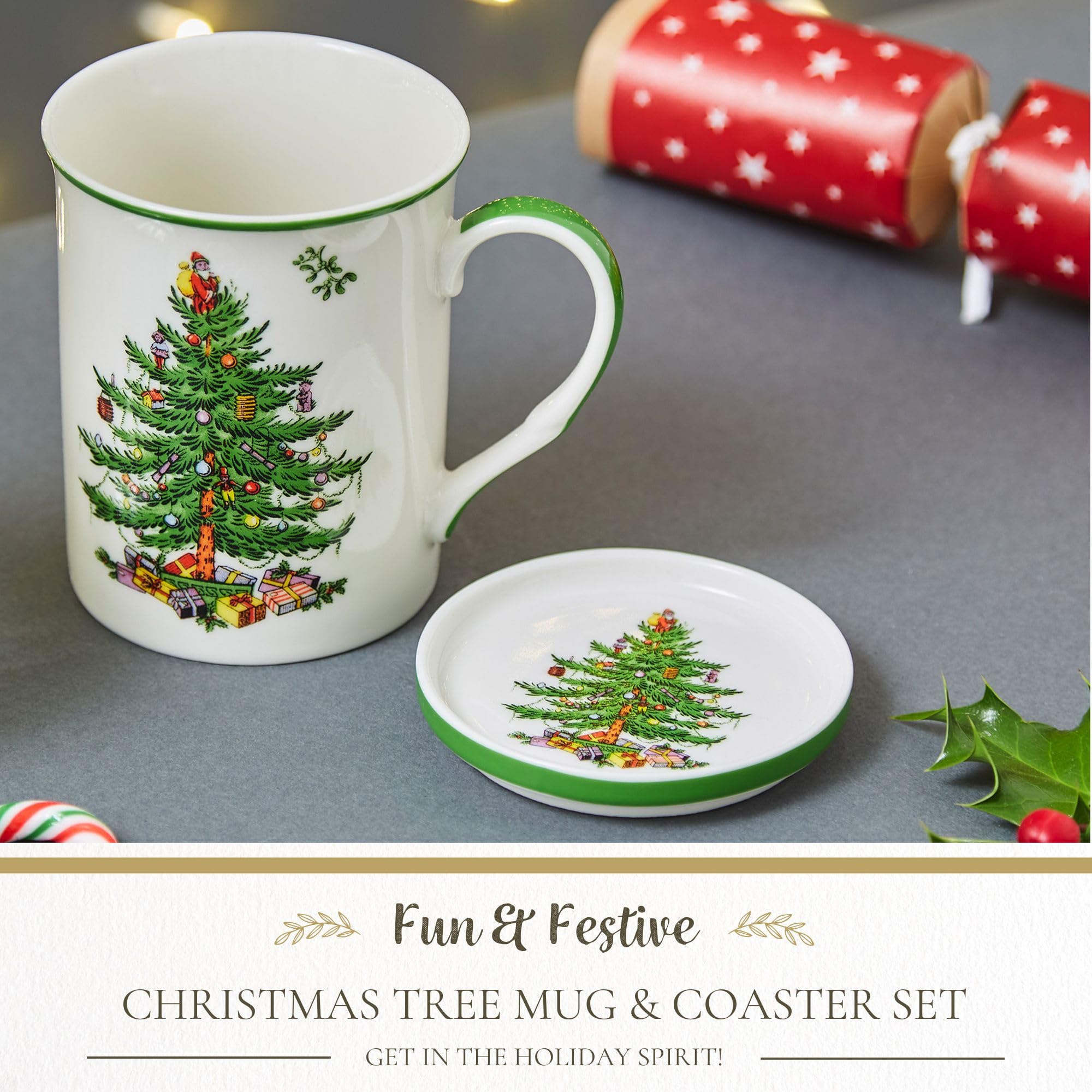 Spode Christmas Tree coaster detail emphasizes surface protection during holiday gatherings.