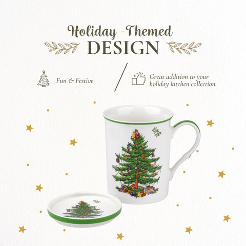 Spode Christmas Tree mug-care icon shows dishwasher and microwave safe convenience.