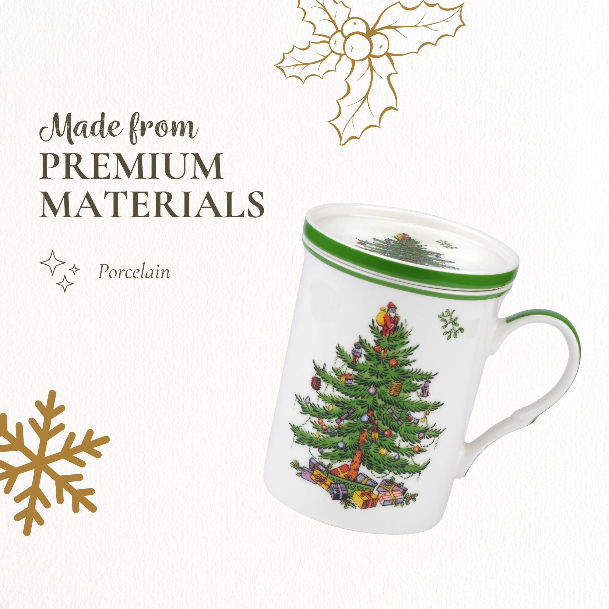 Spode Christmas Tree table scene illustrates gift-ready presentation.