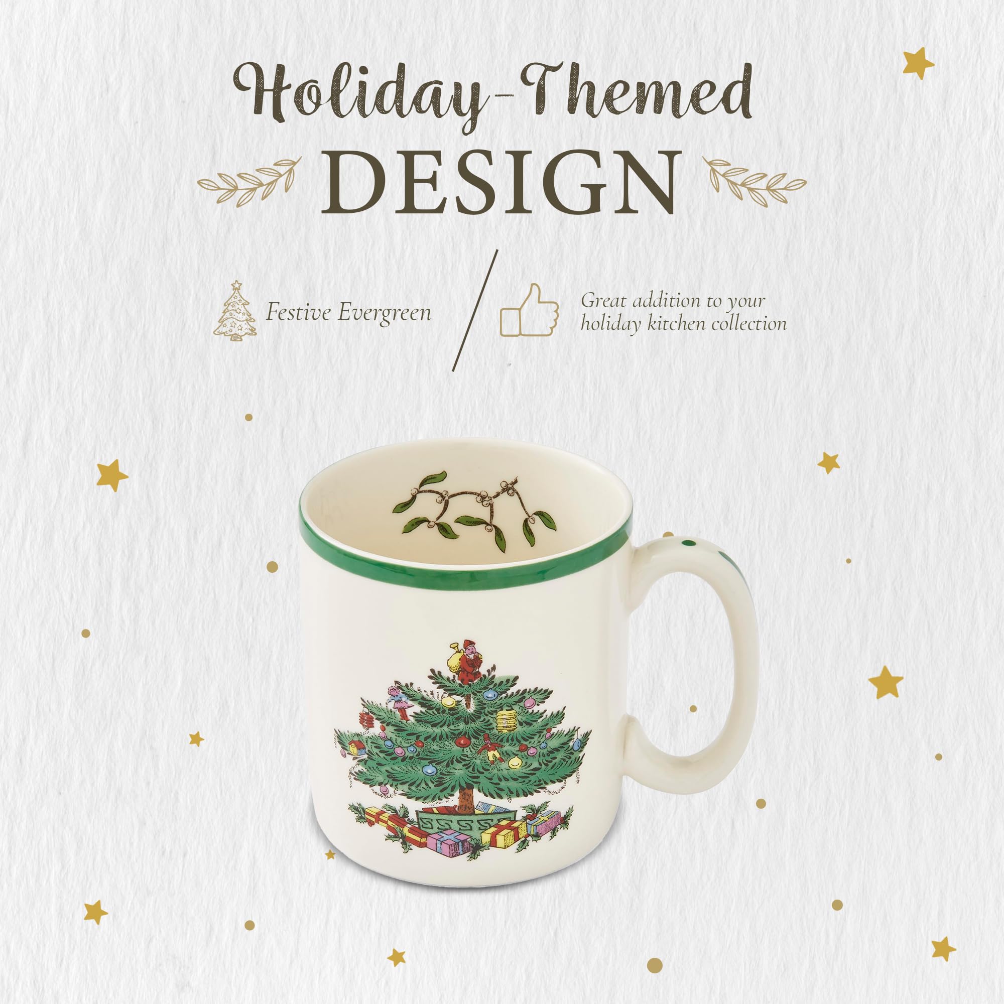 Spode Christmas Tree mug in fireplace setting for cozy moments