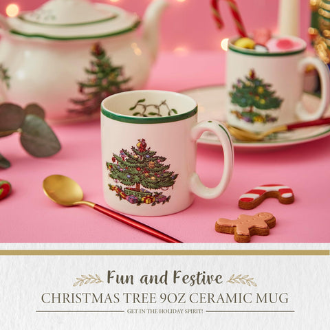 Spode Christmas Tree mug side view, festive design for daily coffee