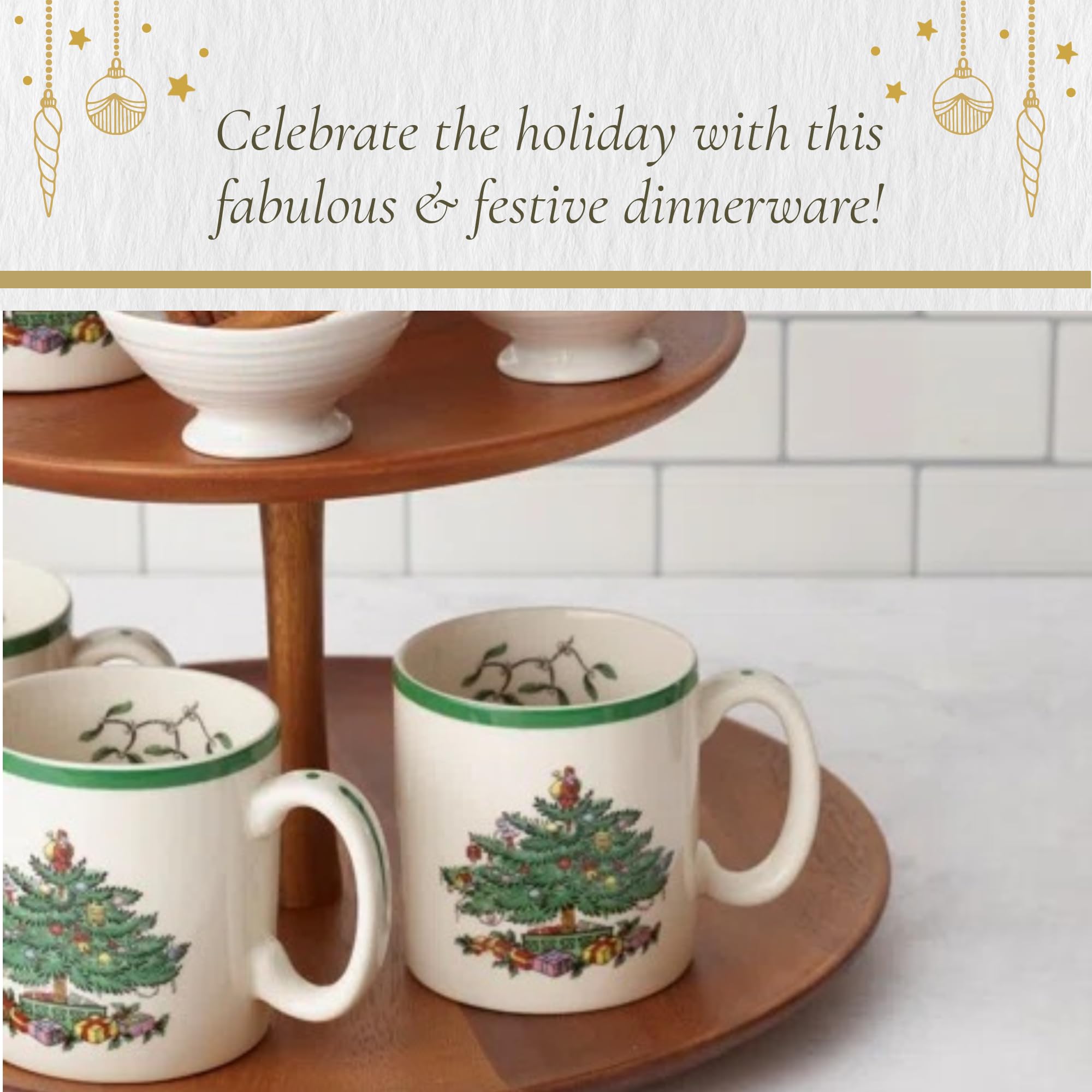 Spode Christmas Tree mug paired with other holiday dinnerware