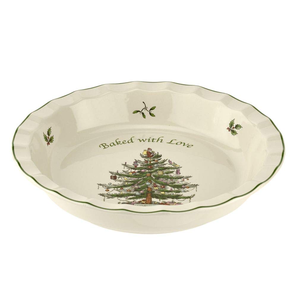 Spode Christmas Tree pie dish on a festive table, ideal for holiday desserts and gatherings.