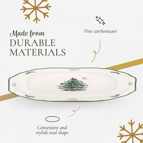 Spode Christmas Tree platter serving meats, cheeses, and desserts