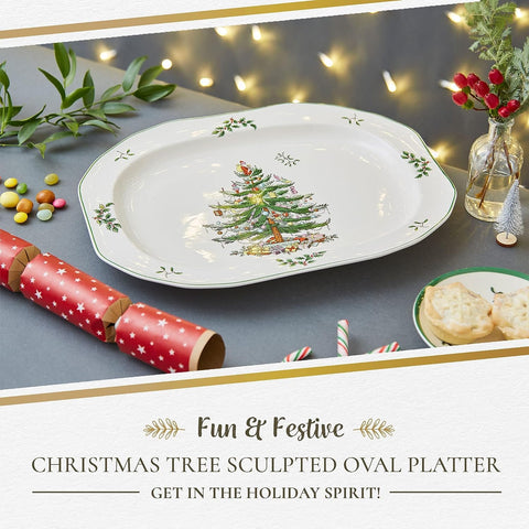 Side view of Spode Christmas Tree platter highlighting octagonal shape