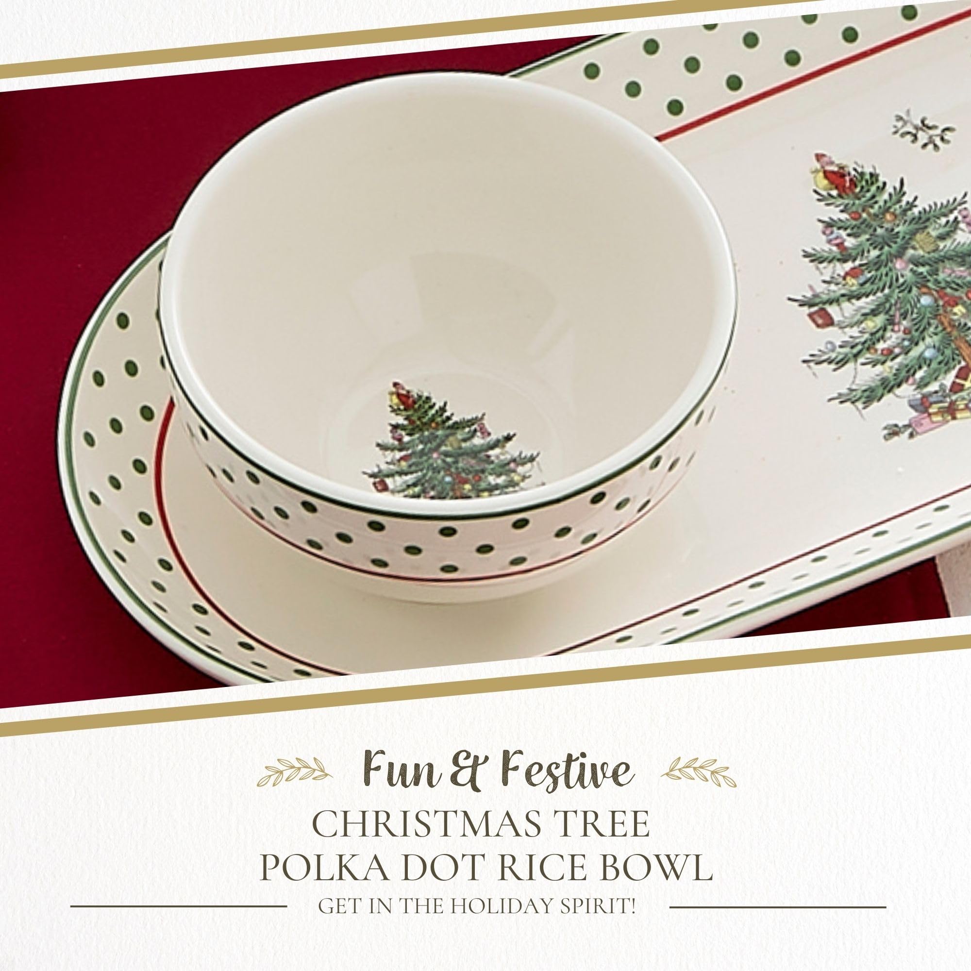 Spode rice bowl close-up highlights bone china finish and festive polka dot details.