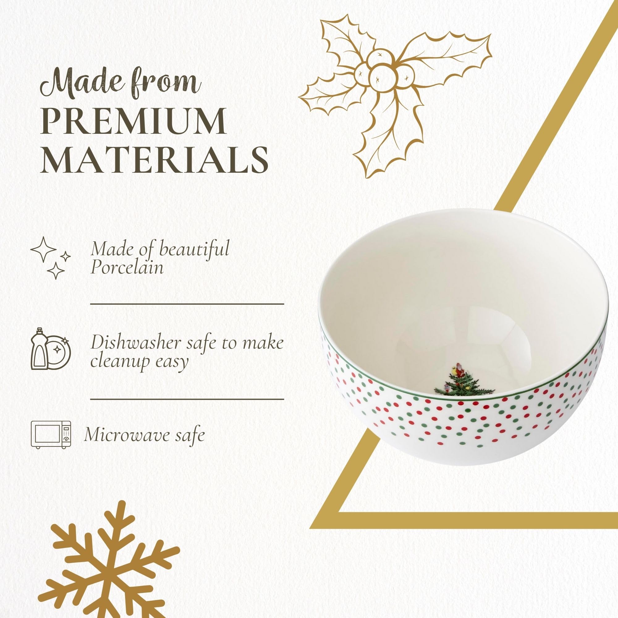 Spode Christmas Tree Polka Dot Rice Bowl side view with border detail.