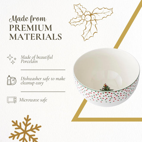 Spode Christmas Tree Polka Dot Rice Bowl side view with border detail.