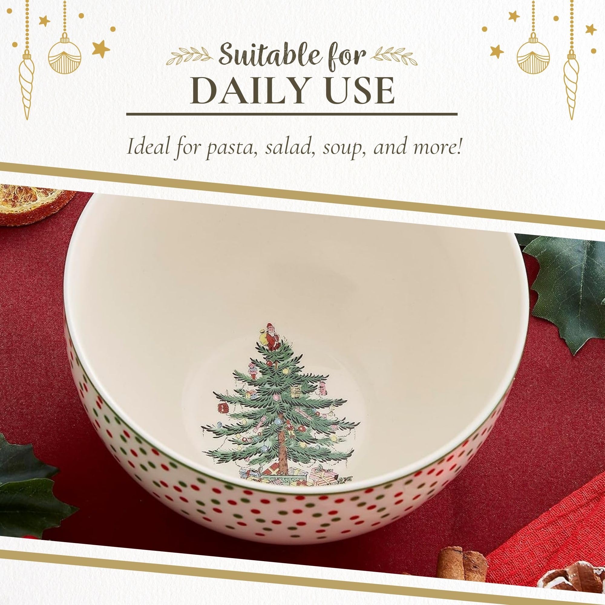 Spode Christmas Tree Polka Dot Rice Bowl rim detail emphasizes holiday charm.