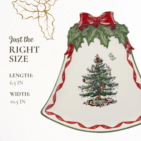 Spode 10.5-inch Christmas Tree Ribbons plate on festive table.
