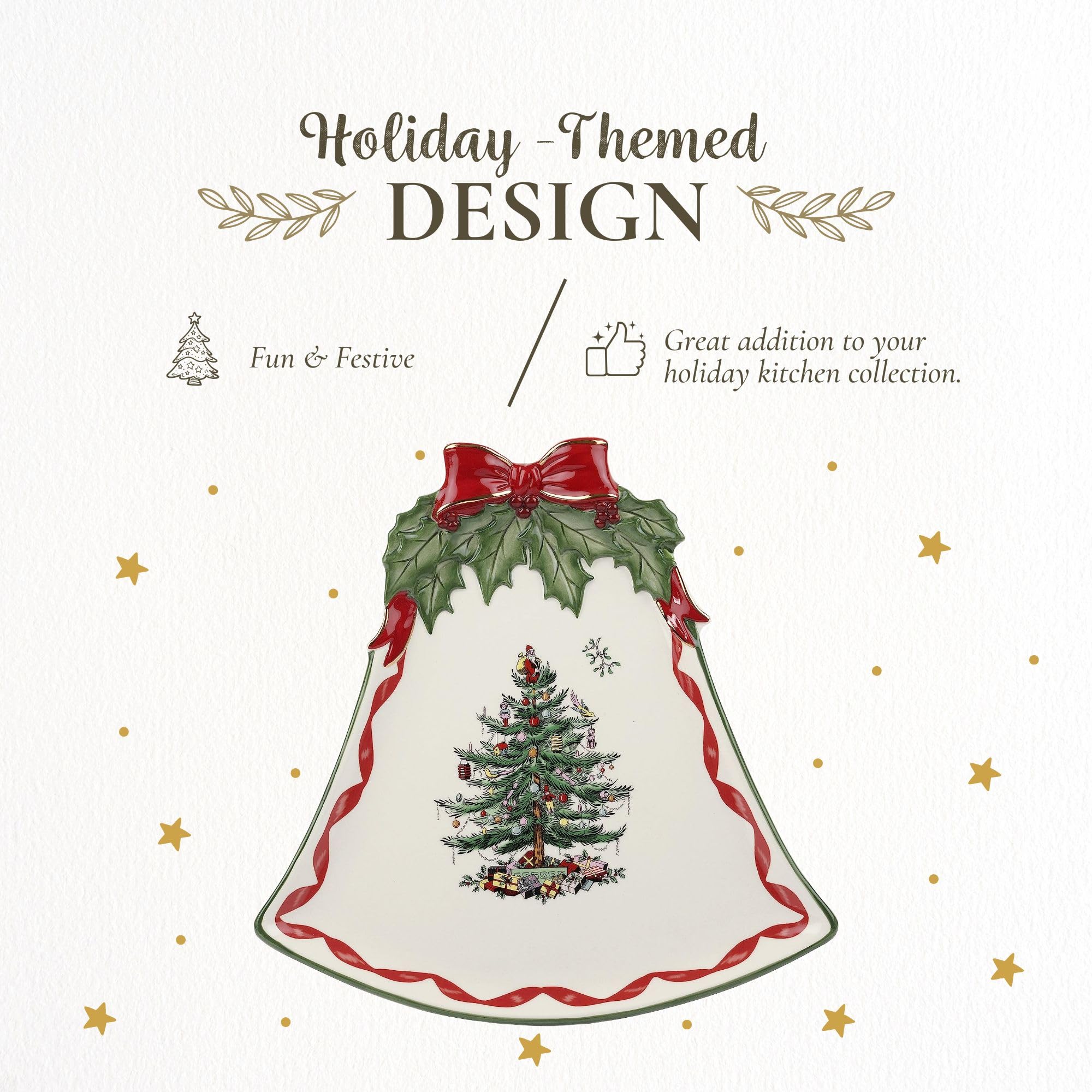 Spode Christmas Tree Ribbons plate highlights mistletoe and festive border.