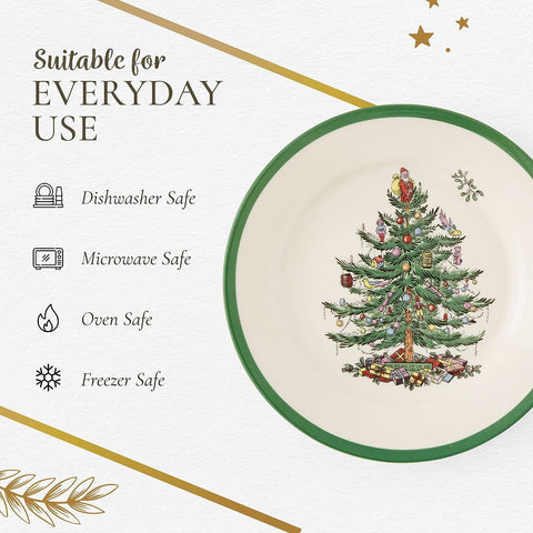 Close-up of the Christmas Tree pattern on Spode plate, showcasing durability.