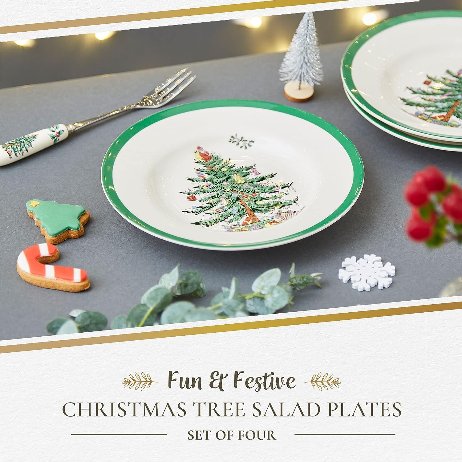 Spode Christmas Tree salad plates on dining table, elevating holiday gatherings.
