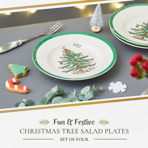 Spode Christmas Tree salad plates on dining table, elevating holiday gatherings.