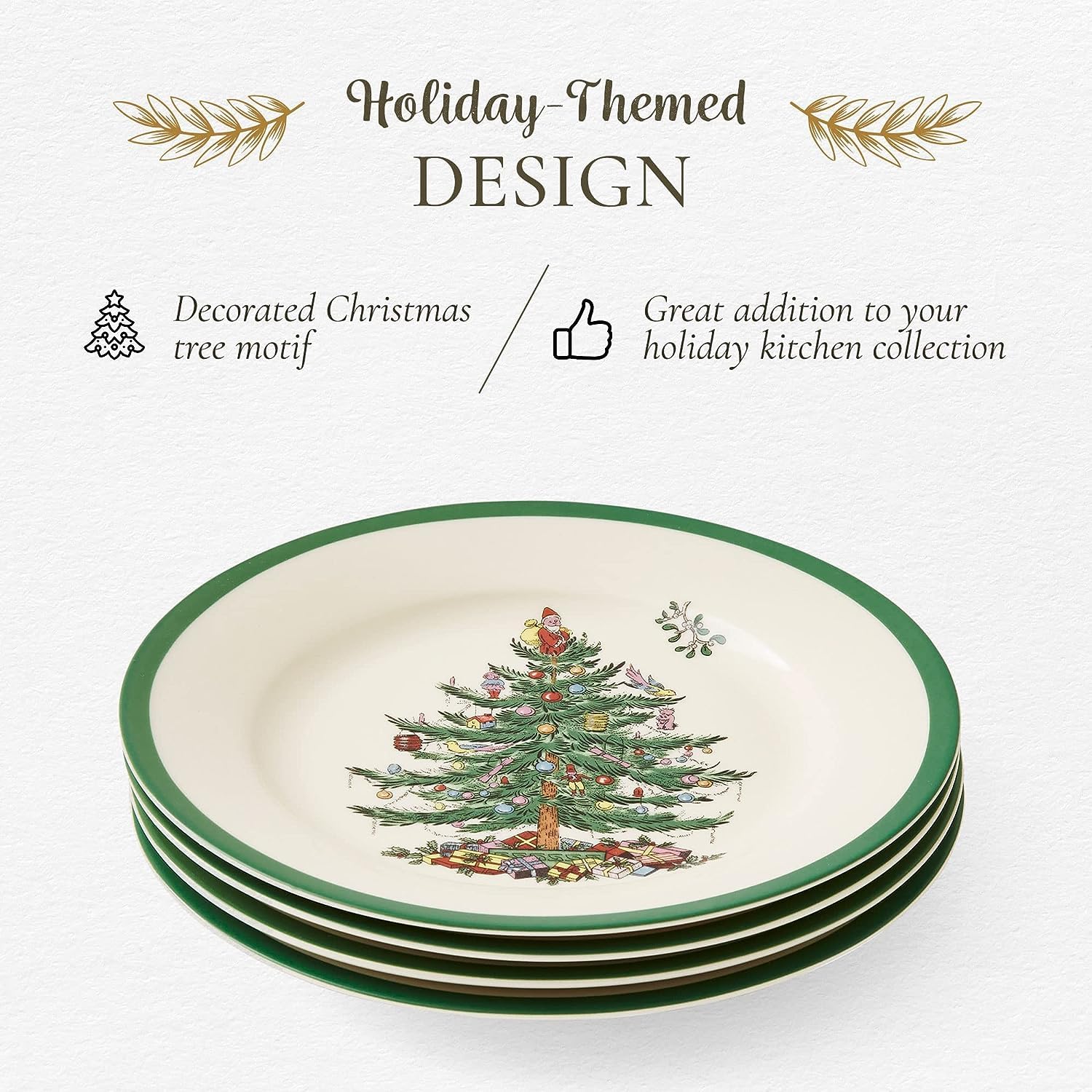 Spode Christmas Tree salad plate 4-set stacked for space-saving storage.