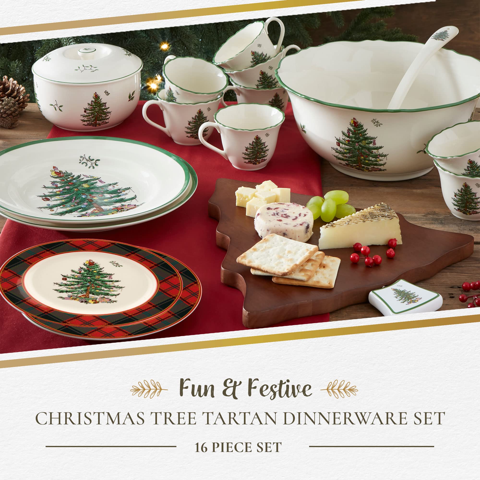 Spode Christmas Tree salad plates showcase tartan accents on the table.