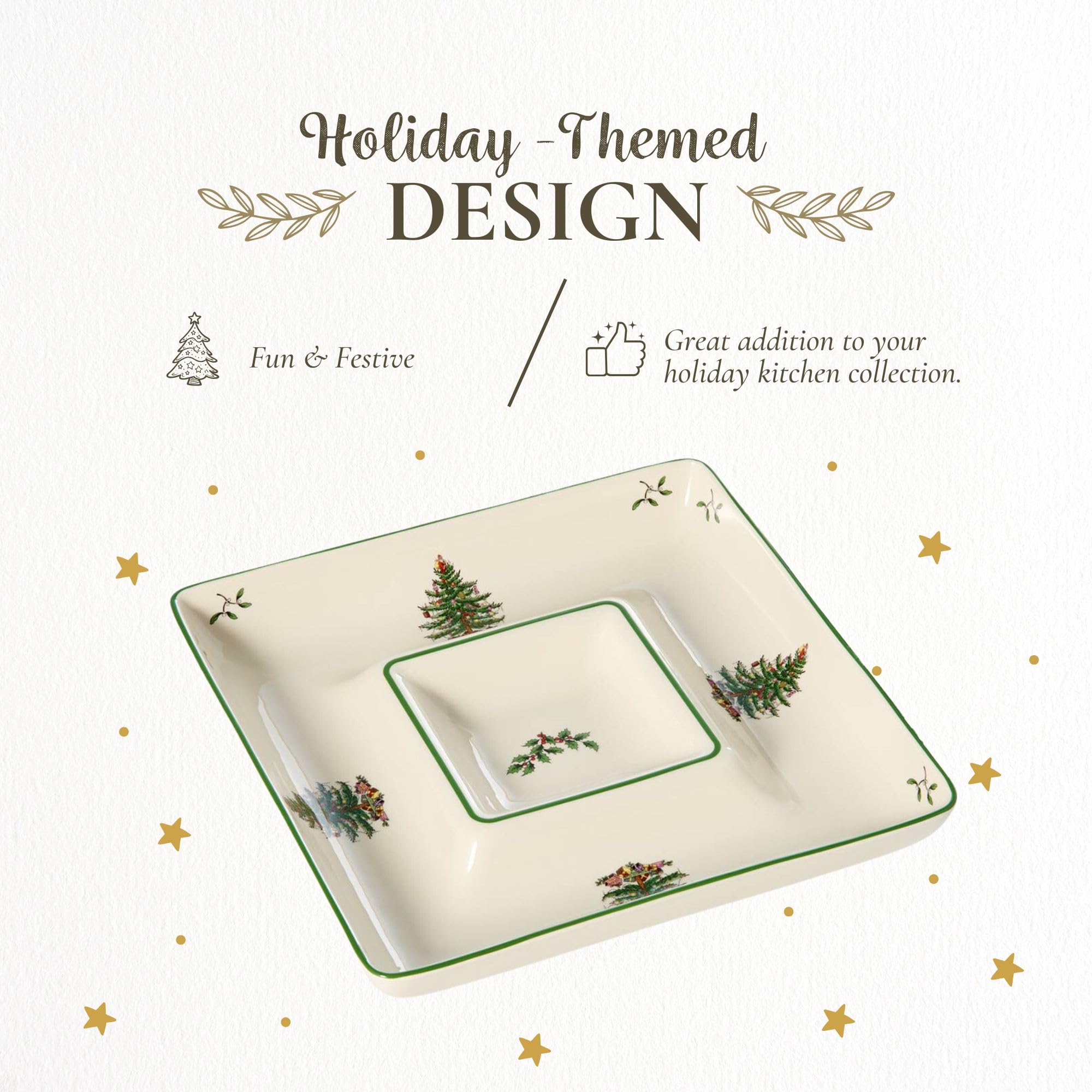 Spode Christmas Tree salsa serving platter keeps flavors distinct.